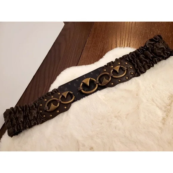 Womens L/XL Chocolate Ruched Elastic Cinch Wide Belt Brass Hook Art Deco Studded - Picture 12 of 14